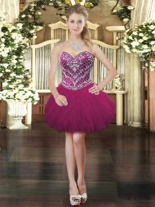 Spectacular Mini Length Lace Up Prom Dress Fuchsia for Prom and Party with Beading and Ruffles