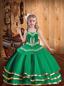 Glorious Green Organza Lace Up Straps Sleeveless Floor Length Little Girls Pageant Dress Embroidery and Ruffled Layers