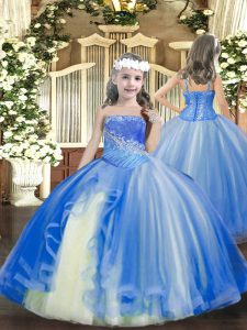 Custom Made Baby Blue Sleeveless Floor Length Beading Lace Up Teens Party Dress