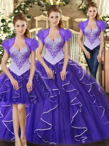 Captivating Tulle Straps Sleeveless Lace Up Beading and Ruffles Sweet 16 Quinceanera Dress in Purple