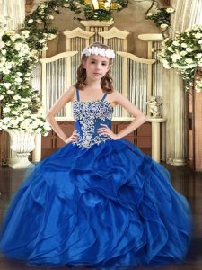 Beauteous Blue Organza Lace Up Straps Sleeveless Floor Length Kids Formal Wear Appliques and Ruffles