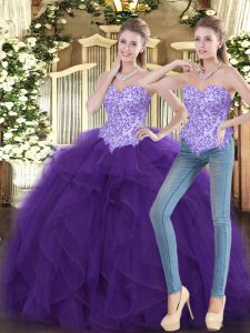 Low Price Beading and Ruffles 15th Birthday Dress Purple Lace Up Sleeveless Floor Length