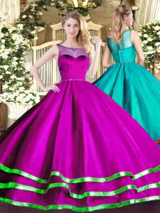 On Sale Fuchsia Sleeveless Beading and Ruffled Layers Floor Length Quinceanera Gowns