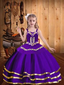 Fantastic Purple Ball Gowns Embroidery and Ruffled Layers Kids Formal Wear Lace Up Organza Sleeveless Floor Length