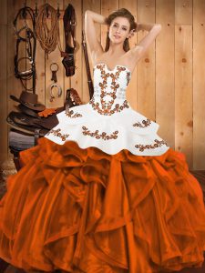 Nice Orange Red Satin and Organza Lace Up Strapless Sleeveless Floor Length Quinceanera Gowns Embroidery and Ruffles