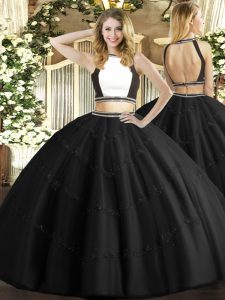 Decent Black Tulle Backless Sweet 16 Dress Sleeveless Floor Length Beading