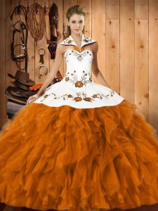 Enchanting Orange Red Ball Gowns Satin and Organza Halter Top Sleeveless Embroidery and Ruffles Floor Length Lace Up Sweet 16 Dress