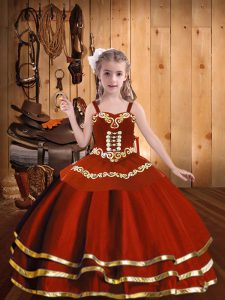  Rust Red Ball Gowns Embroidery and Ruffles Kids Pageant Dress Lace Up Organza Sleeveless Floor Length