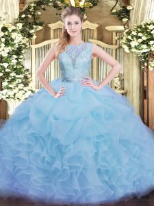 Ideal Scoop Sleeveless 15 Quinceanera Dress Floor Length Lace and Ruffles Aqua Blue Organza