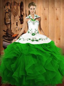 Wonderful Halter Top Sleeveless Quince Ball Gowns Floor Length Embroidery and Ruffles Green Tulle