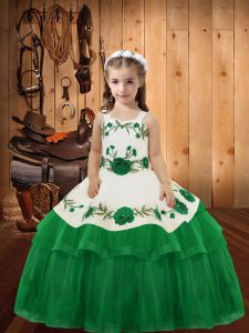 Luxurious Green Straps Lace Up Embroidery and Ruffled Layers Little Girls Pageant Dress Sleeveless