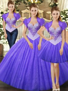 Glamorous Fuchsia Tulle Lace Up Straps Sleeveless Floor Length 15 Quinceanera Dress Beading