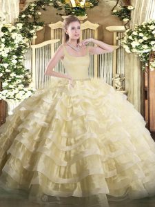  Gold Ball Gowns Straps Sleeveless Organza Floor Length Zipper Beading and Ruffled Layers Quinceanera Gown