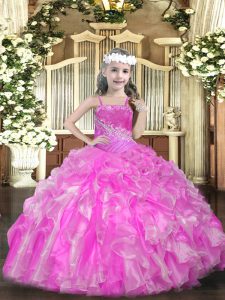  Rose Pink Sleeveless Beading and Ruffles and Sequins Floor Length Little Girls Pageant Dress Wholesale