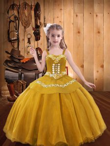  Gold Sleeveless Floor Length Embroidery Lace Up Little Girl Pageant Gowns