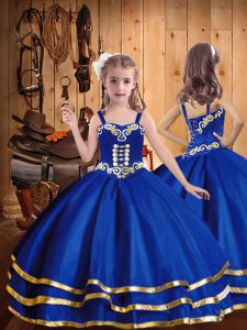 Best Floor Length Royal Blue Party Dress for Toddlers Organza Sleeveless Embroidery and Ruffled Layers