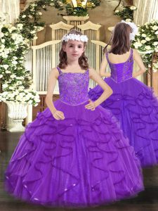 Excellent Floor Length Purple Kids Formal Wear Tulle Sleeveless Beading and Ruffles