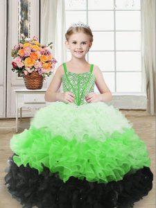 Glorious Multi-color Ball Gowns Organza Straps Sleeveless Beading and Ruffles Floor Length Lace Up Little Girls Pageant Dress