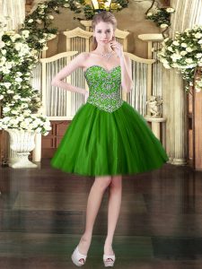 Inexpensive Mini Length Dark Green Dress for Prom Tulle Sleeveless Beading