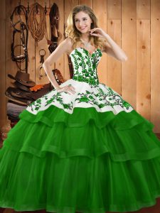  Dark Green Organza Lace Up Vestidos de Quinceanera Sleeveless Sweep Train Embroidery