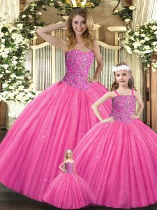  Ball Gowns 15th Birthday Dress Hot Pink Sweetheart Tulle Sleeveless Floor Length Lace Up