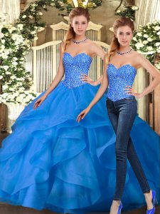 Flare Two Pieces Ball Gown Prom Dress Blue Sweetheart Organza Sleeveless Floor Length Lace Up