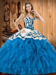  Teal Sleeveless Floor Length Embroidery and Ruffles Lace Up Sweet 16 Dress
