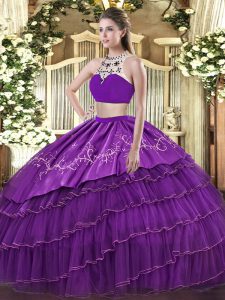 Shining Purple Two Pieces Tulle High-neck Sleeveless Beading and Embroidery and Ruffled Layers Floor Length Backless Quinceanera Gown