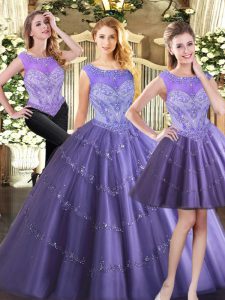 High End Lavender Sleeveless Tulle Zipper Quinceanera Gown for Military Ball and Sweet 16 and Quinceanera