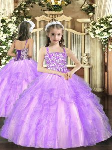  Ball Gowns Kids Pageant Dress Lavender Straps Tulle Sleeveless Floor Length Lace Up