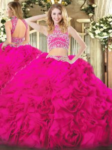 Luxurious High-neck Sleeveless Ball Gown Prom Dress Floor Length Beading and Ruffles Hot Pink Tulle