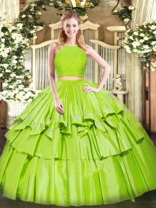 Traditional Sleeveless Tulle Floor Length Zipper Sweet 16 Quinceanera Dress in Yellow Green with Ruffled Layers