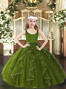  Olive Green Organza Zipper Scoop Sleeveless Floor Length Little Girl Pageant Gowns Beading and Ruffles