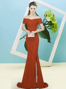Cute Rust Red Sequined Zipper Dress for Prom Short Sleeves Sweep Train Sequins