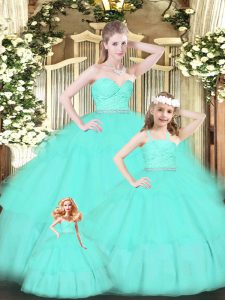 Customized Sleeveless Organza Floor Length Zipper Quinceanera Dress in Apple Green with Lace and Ruffled Layers