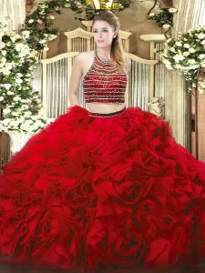  Floor Length Zipper Ball Gown Prom Dress Red for Military Ball and Sweet 16 and Quinceanera with Beading and Ruffles
