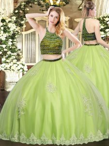 Exceptional Yellow Green Sleeveless Floor Length Beading and Appliques Zipper Ball Gown Prom Dress