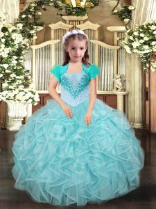 Perfect Aqua Blue and Apple Green Lace Up Straps Beading and Ruffles Pageant Gowns For Girls Organza Sleeveless