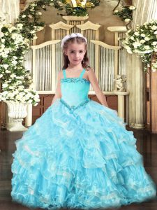 Adorable Floor Length Light Blue Little Girl Pageant Dress Straps Sleeveless Lace Up