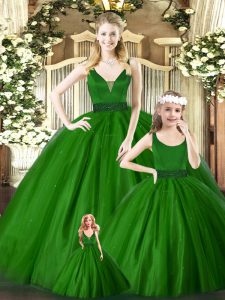  V-neck Sleeveless Zipper Sweet 16 Dresses Green Tulle
