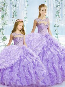 Inexpensive Floor Length Lace Up Sweet 16 Dress Lavender for Military Ball and Sweet 16 and Quinceanera with Beading and Ruffles