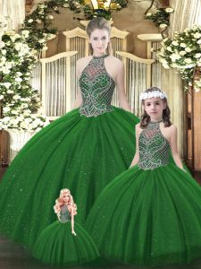 Flare Dark Green Sweet 16 Dress Military Ball and Sweet 16 and Quinceanera with Beading Halter Top Sleeveless Lace Up
