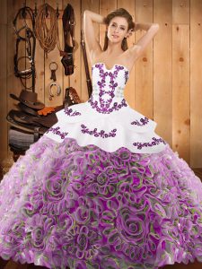 Modest Strapless Sleeveless Quince Ball Gowns With Train Sweep Train Embroidery Multi-color Satin and Fabric With Rolling Flowers