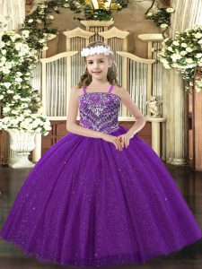  Straps Sleeveless Little Girls Pageant Gowns Floor Length Beading Purple Tulle