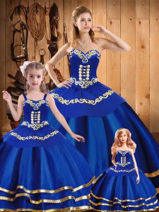 Sweet Sleeveless Floor Length Embroidery Lace Up Quinceanera Dress with Royal Blue