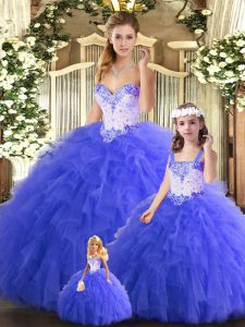  Blue Ball Gowns Tulle Sweetheart Sleeveless Beading and Ruffles Floor Length Lace Up Quinceanera Dresses