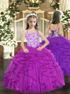  Purple Lace Up Little Girls Pageant Dress Beading and Ruffles Sleeveless Floor Length