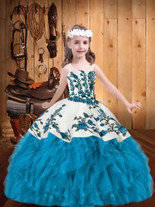  Straps Sleeveless Little Girls Pageant Gowns Floor Length Embroidery and Ruffles Baby Blue Organza