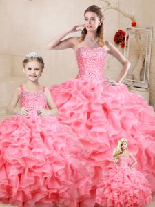 Discount Watermelon Red Sweetheart Lace Up Beading and Ruffles Sweet 16 Quinceanera Dress Sleeveless