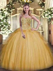 Gold Ball Gowns Organza Sweetheart Sleeveless Beading and Ruffles Floor Length Lace Up Quince Ball Gowns